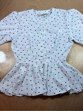 Vintage White Coquette Polka Dot Peplum Button-Up Blouse